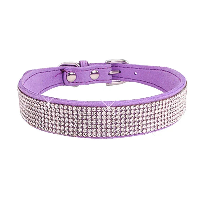 Suede Fiber Crystal Dog Collar Comfortable Glitter Rhinestone Dog Collars Zinc Alloy Buckle Collar for Small Dogs Cats XXS-XL