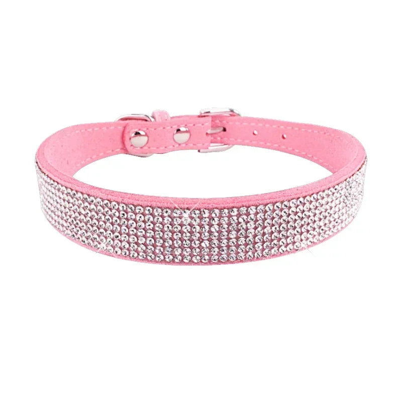 Suede Fiber Crystal Dog Collar Comfortable Glitter Rhinestone Dog Collars Zinc Alloy Buckle Collar for Small Dogs Cats XXS-XL