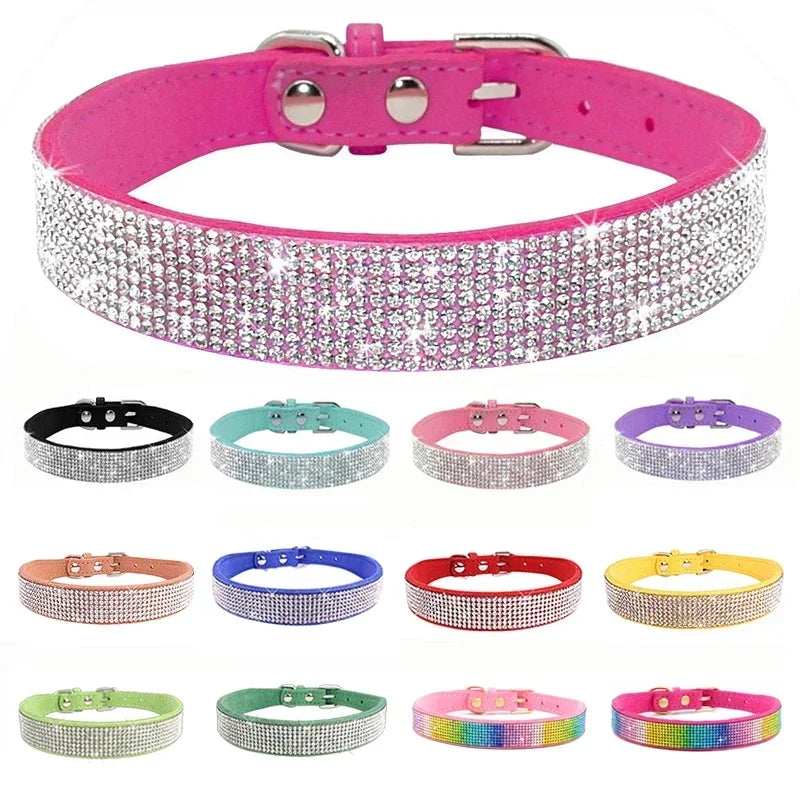 Suede Fiber Crystal Dog Collar Comfortable Glitter Rhinestone Dog Collars Zinc Alloy Buckle Collar for Small Dogs Cats XXS-XL