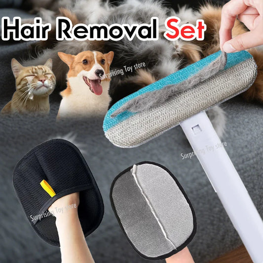 Pet Hair Removal Set Tool Reusable Static Removal Gloves Double-Sided Grooming Gloves Remove Dog Cat Fur Hair for Carpets Sofa