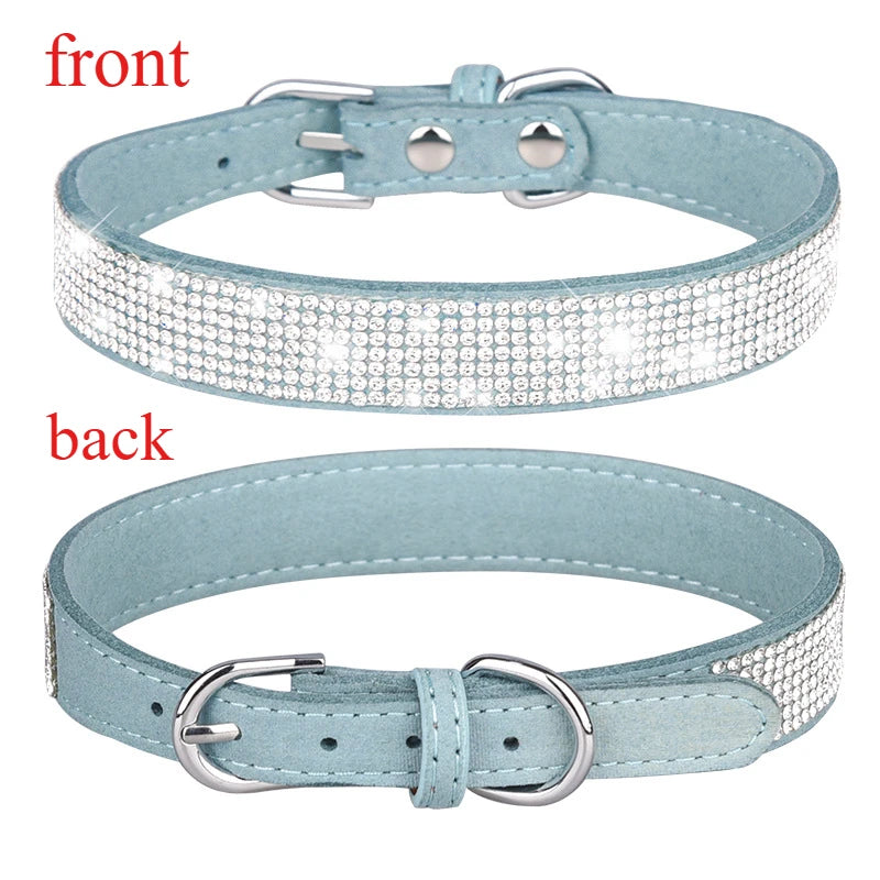 Suede Fiber Crystal Dog Collar Comfortable Glitter Rhinestone Dog Collars Zinc Alloy Buckle Collar for Small Dogs Cats XXS-XL