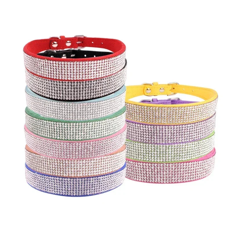 Suede Fiber Crystal Dog Collar Comfortable Glitter Rhinestone Dog Collars Zinc Alloy Buckle Collar for Small Dogs Cats XXS-XL