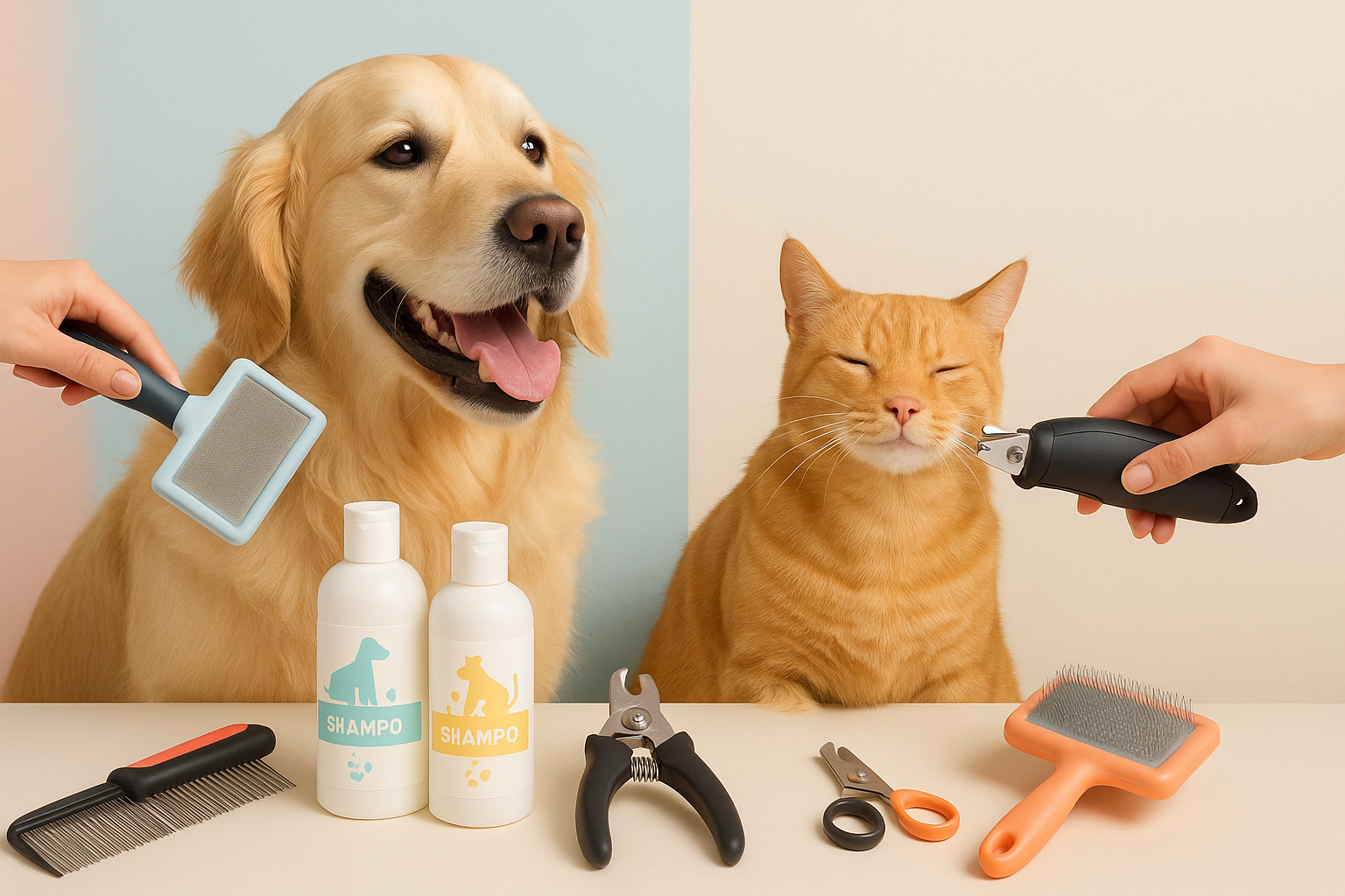 A bright, friendly banner featuring happy pets (a dog and a cat) being gently groomed with brushes and clippers. Clean, modern background with soft pastel tones, showcasing grooming accessories like combs, shampoo bottles, and nail clippers. The style should be warm, inviting, and professional, perfect for an e-commerce pet store banner. Include space on one side for text overlay."