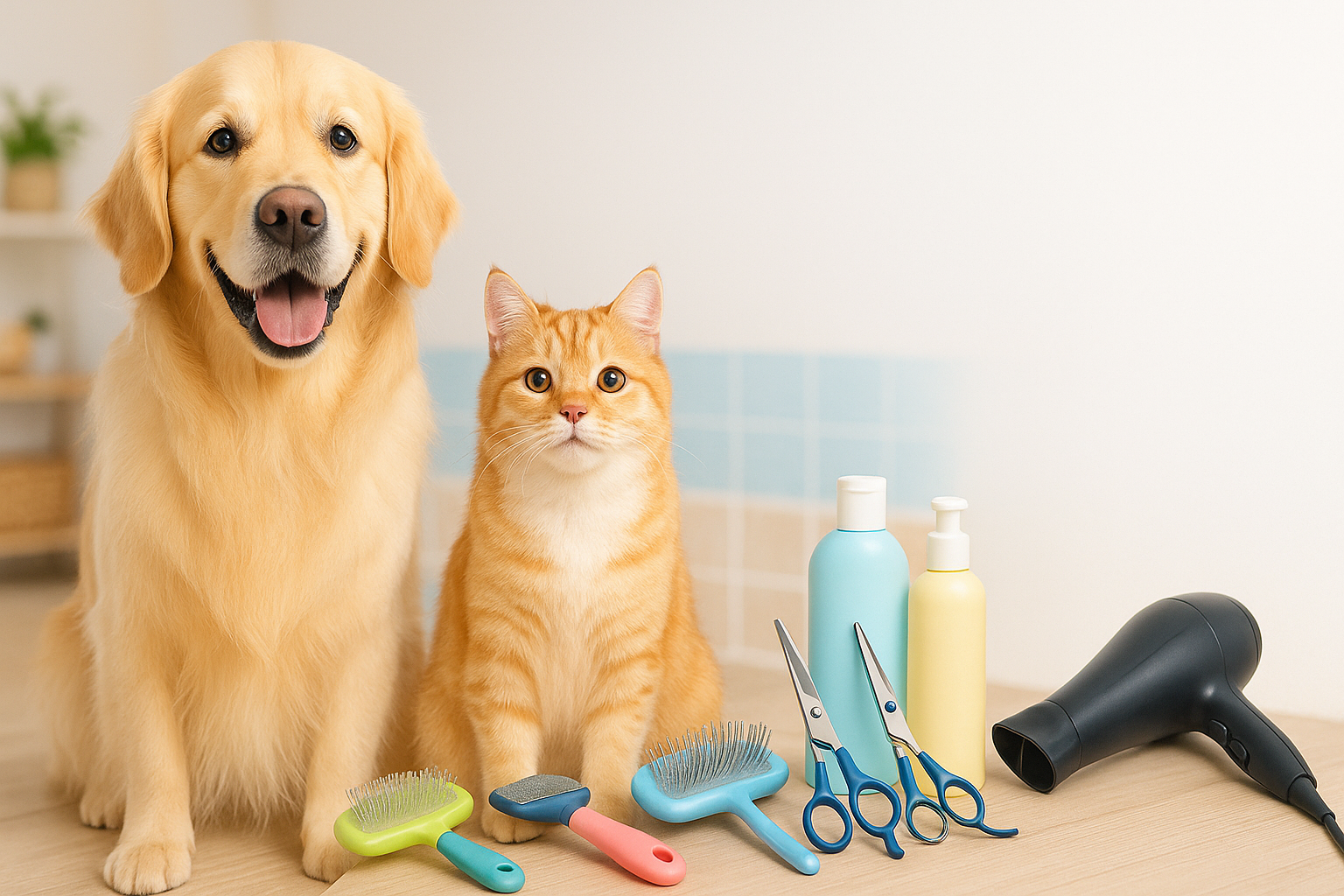 A playful and eye-catching banner showing a fluffy golden retriever and a cute cat looking happy after grooming. Include grooming tools like brushes, scissors, and pet shampoo neatly arranged nearby. Use bright, clean colors with a cozy home-like background. The design should feel cheerful and friendly, with open space for text overlay on the right side
