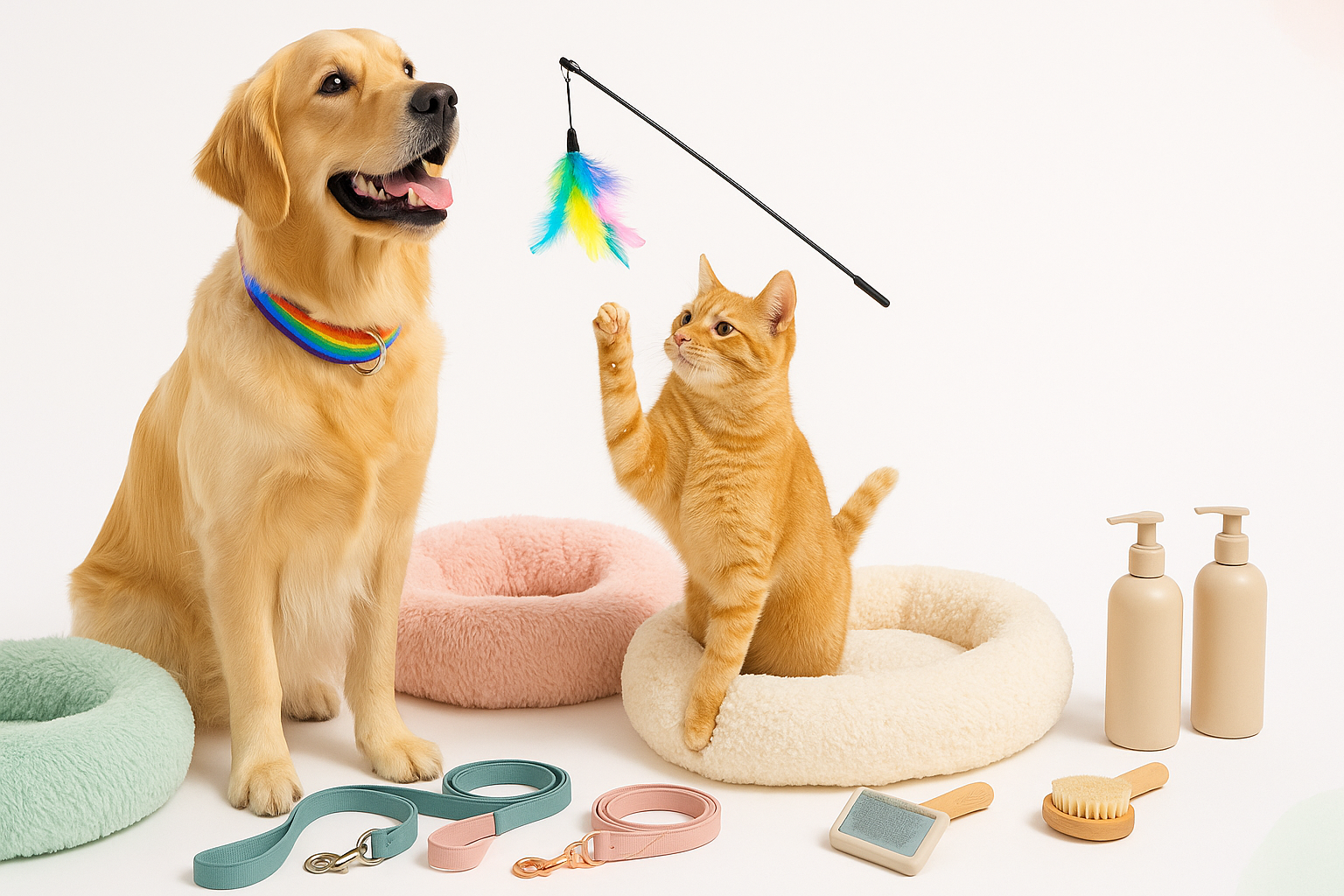 Create a bright and friendly banner showcasing stylish pet accessories. Feature a happy dog wearing a colorful collar and a cat playing with a toy, surrounded by cozy pet beds, leashes, and grooming items. Use a clean background with soft pastel colors, minimal clutter, and a modern lifestyle feel. The design should be landscape orientation, optimized for an online store banner, with space on the side for promotional text